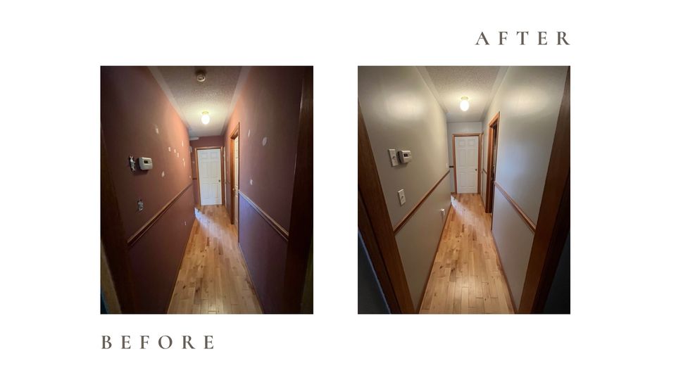 Before and after side by side photos for Moonlight Painters in St. Thomas, Ontario. Hallway painted light beige