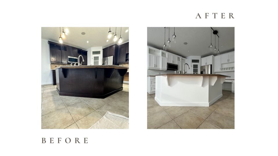 Before and after side by side photos for Moonlight Painters in St. Thomas, Ontario. Kitchen island and cabinets painted white