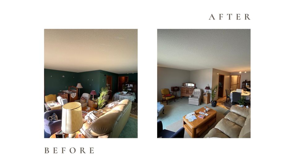 Before and after side by side photos for Moonlight Painters in St. Thomas, Ontario. Living room with a green accent wall painted light grey