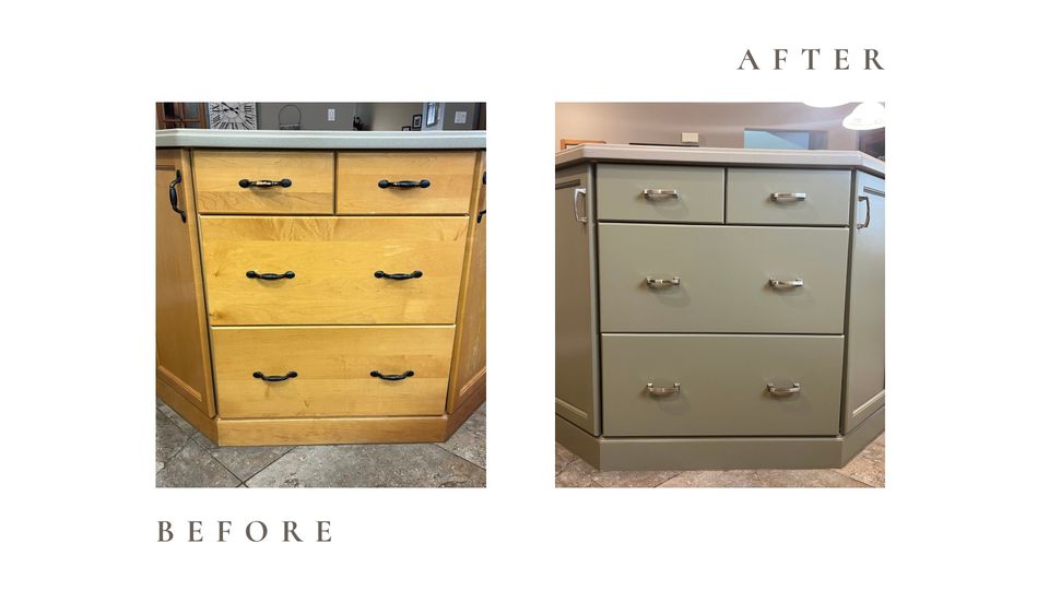 Before and after side by side photos for Moonlight Painters in St. Thomas, Ontario. Wood dresser painted sage green