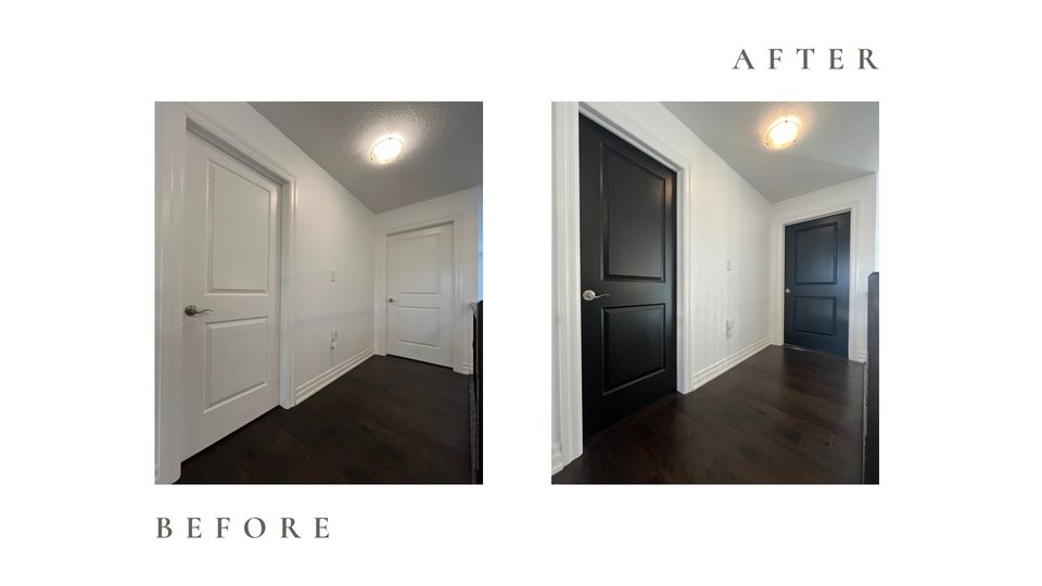 Before and after side by side photos for Moonlight Painters in St. Thomas, Ontario. Hallway doors painted black