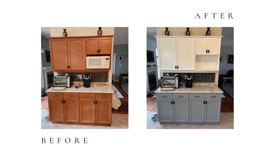 Before and after side by side photos for Moonlight Painters in St. Thomas, Ontario. Kitchen cabinets painted white and grey