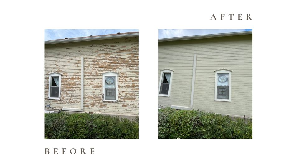 Before and after side by side photos for Moonlight Painters in St. Thomas, Ontario. Faded brick and siding exterior repainted beige