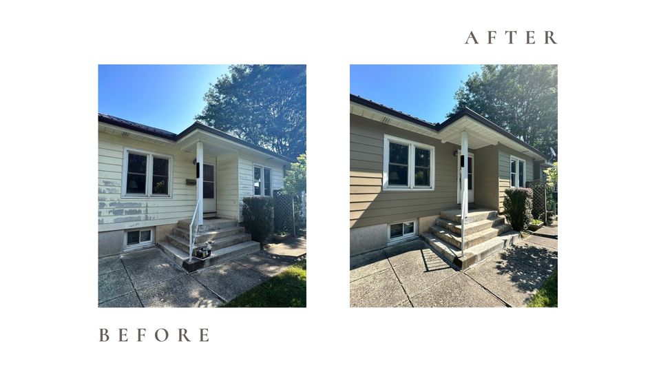 Before and after side by side photos for Moonlight Painters in St. Thomas, Ontario. Bungalow siding and front steps repainted