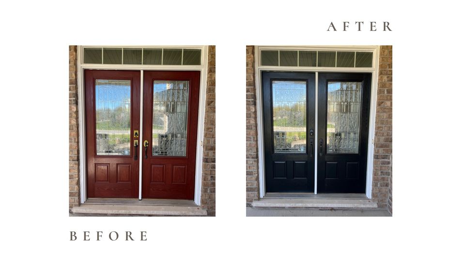 Before and after side by side photos for Moonlight Painters in St. Thomas, Ontario. Red double front doors painted black