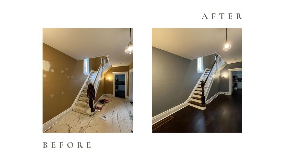 Before and after side by side photos for Moonlight Painters in St. Thomas, Ontario. Stairway and walls painted grey