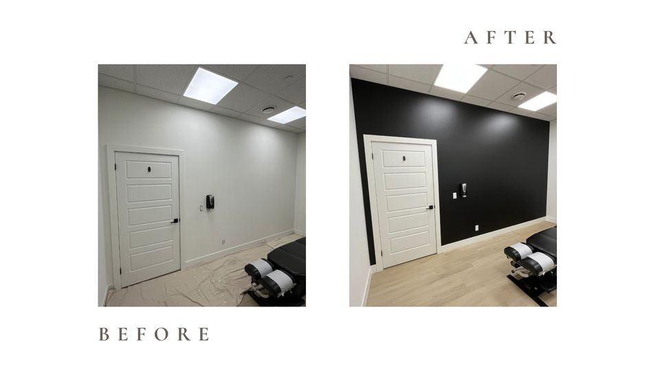 Before and after side by side photos for Moonlight Painters in St. Thomas, Ontario. Office wall painted black