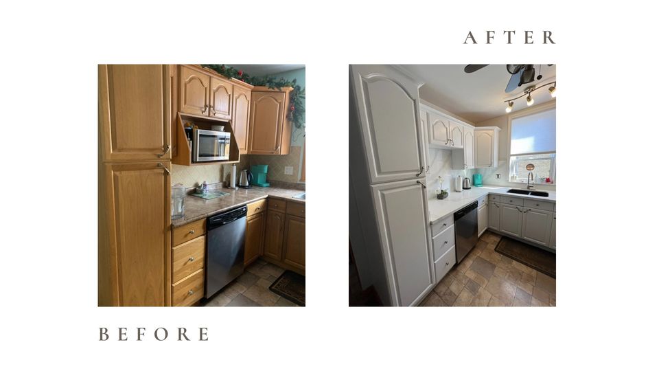 Before and after side by side photos for Moonlight Painters in St. Thomas, Ontario. Kitchen cabinets painted white
