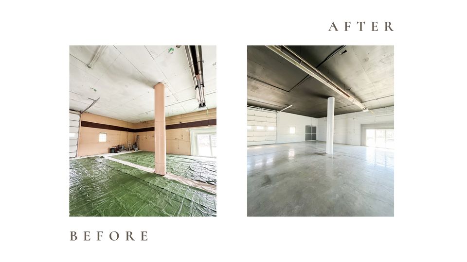 Before and after side by side photos for Moonlight Painters in St. Thomas, Ontario. Industrial Interior painted white and black.