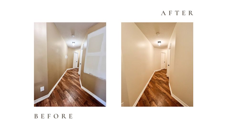 Before and after side by side photos for Moonlight Painters in St. Thomas, Ontario. Hallway painted light brown.