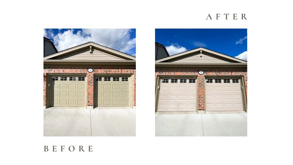 Before and after side by side photos for Moonlight Painters in St. Thomas, Ontario. Exterior garage door painted green