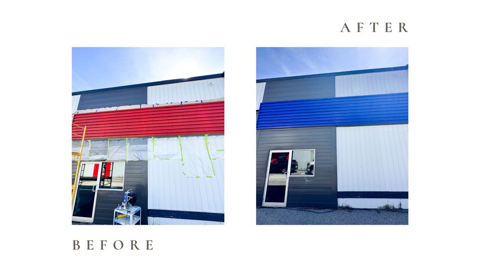 Before and after side by side photos for Moonlight Painters in St. Thomas, Ontario. Exterior metal siding painted blue
