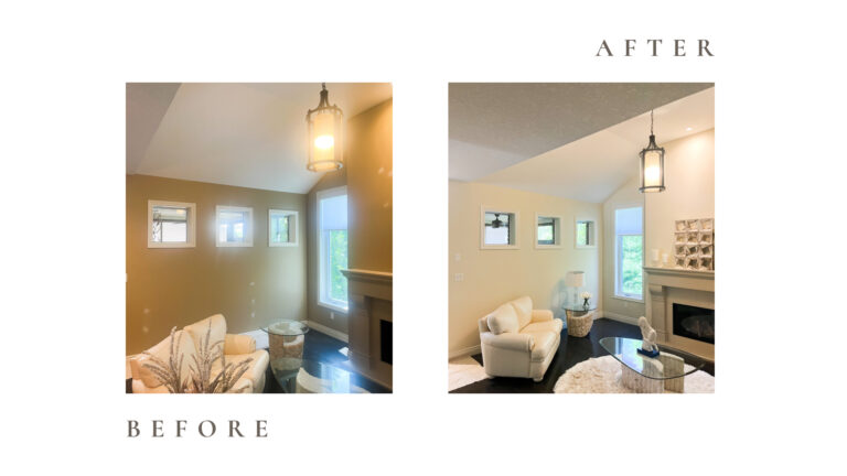 Before and after side by side photos for Moonlight Painters in St. Thomas, Ontario. living room painted yellow