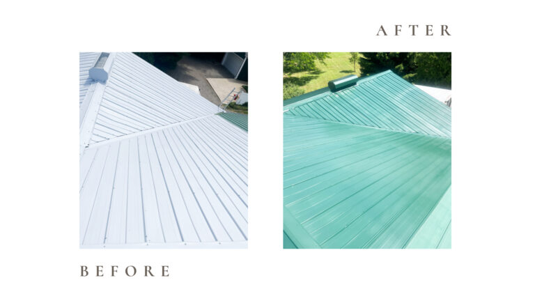 Before and after side by side photos for Moonlight Painters in St. Thomas, Ontario. Exterior metal roofing painted green
