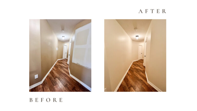Before and after side by side photos for Moonlight Painters in St. Thomas, Ontario. Hallway painted light brown.