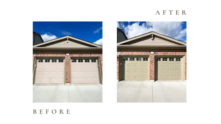 Before and after pictures of a green painted garage door. Painting done by Moonlight Painters in St. Thomas, Ontario.