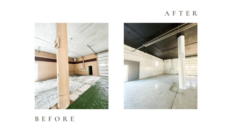 Before and after side by side photos for Moonlight Painters in St. Thomas, Ontario. Industrial Interior painted white and black.