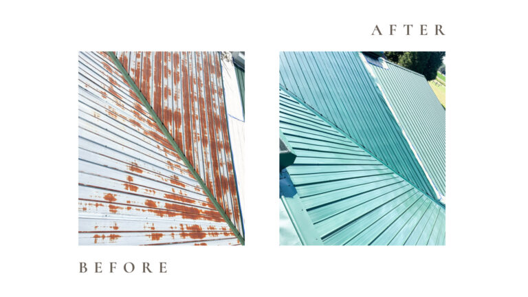 Before and after side by side photos for Moonlight Painters in St. Thomas, Ontario. Exterior Metal roofing painted green