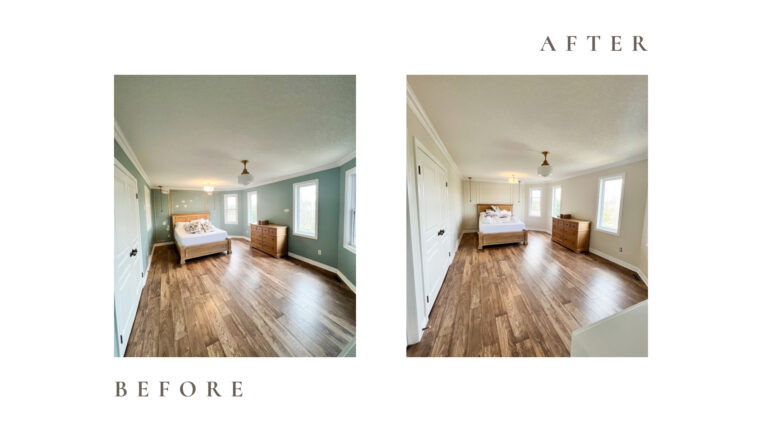 Before and after side by side photos for Moonlight Painters in St. Thomas, Ontario. Bedroom with hardwood floor painted beige or off white.