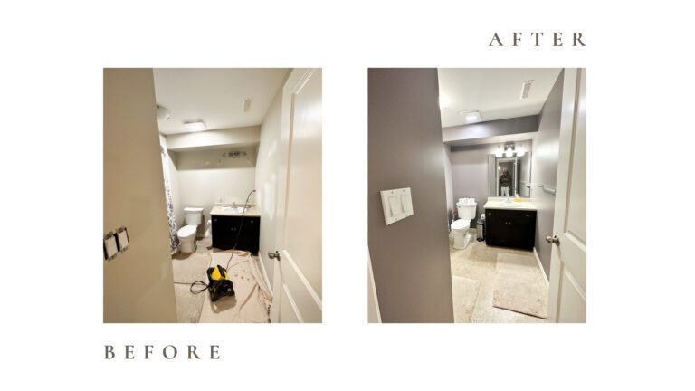 Before and after side by side photos for Moonlight Painters in St. Thomas, Ontario. Basement Bathroom painted grey