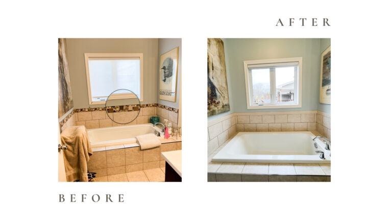 Before and after side by side photos for Moonlight Painters in St. Thomas, Ontario. Tub mosaic tile repair and replacement