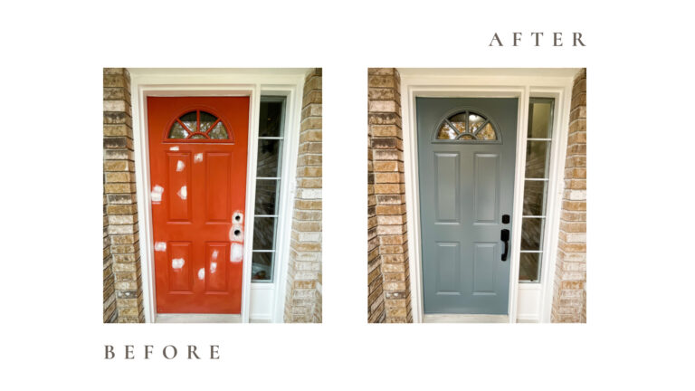 Before and after side by side photos for Moonlight Painters in St. Thomas, Ontario. Exterior front door painted blue grey