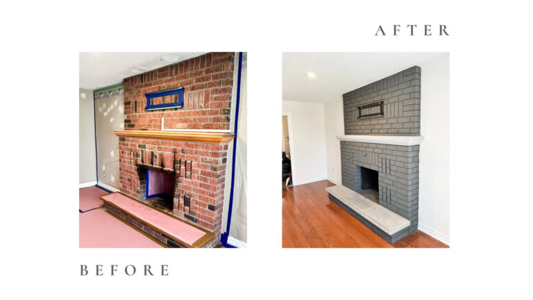 Before and after side by side photos for Moonlight Painters in St. Thomas, Ontario. Brick fireplace painted grey.
