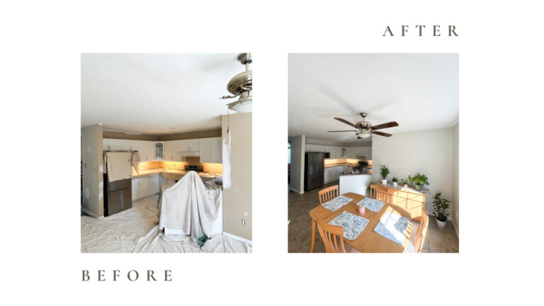 Before and after side by side photos for Moonlight Painters in St. Thomas, Ontario. Kitchen and living room painted beige