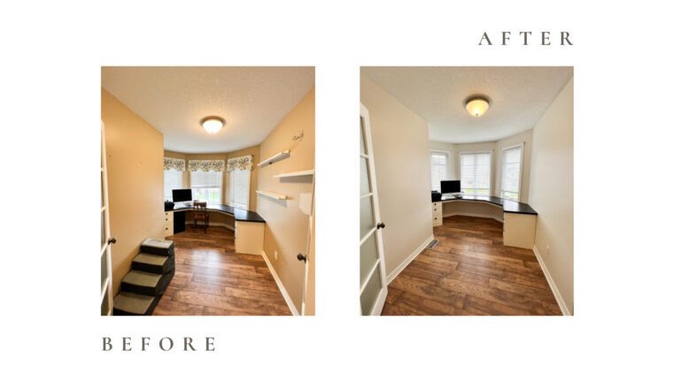 Before and after side by side photos for Moonlight Painters in St. Thomas, Ontario. Office room painted beige