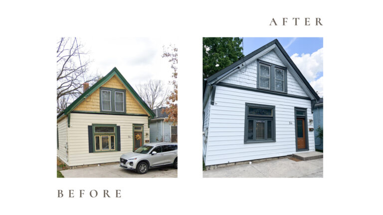 Before and after side by side photos for Moonlight Painters in St. Thomas, Ontario. Exterior house siding painted black and white