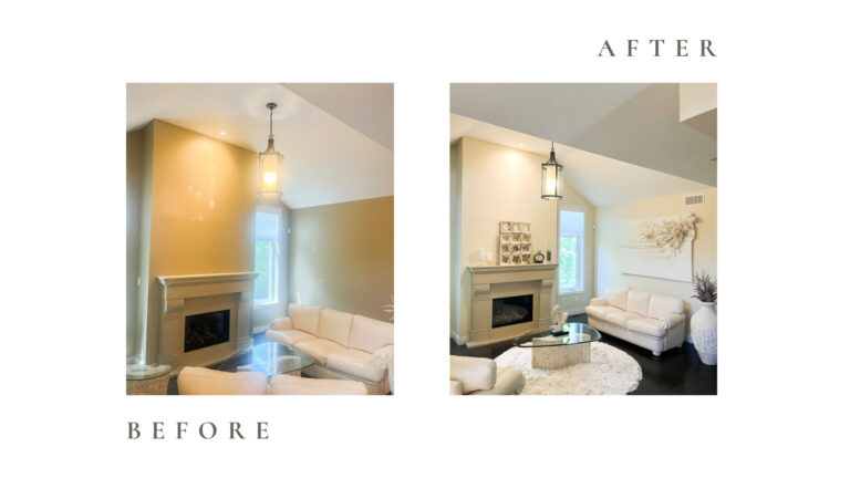 Before and after side by side photos for Moonlight Painters in St. Thomas, Ontario. Living room with fire place painted off white.
