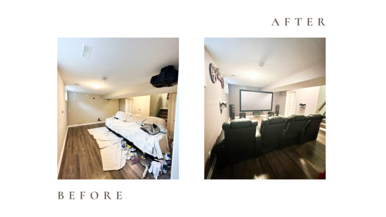 Before and after side by side photos for Moonlight Painters in St. Thomas, Ontario. Basement rec room painted grey.