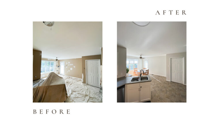 Before and after side by side photos for Moonlight Painters in St. Thomas, Ontario. Kitchen and living room painted beige