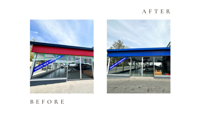 Before and after side by side photos for Moonlight Painters in St. Thomas, Ontario. Exterior metal siding painted blue